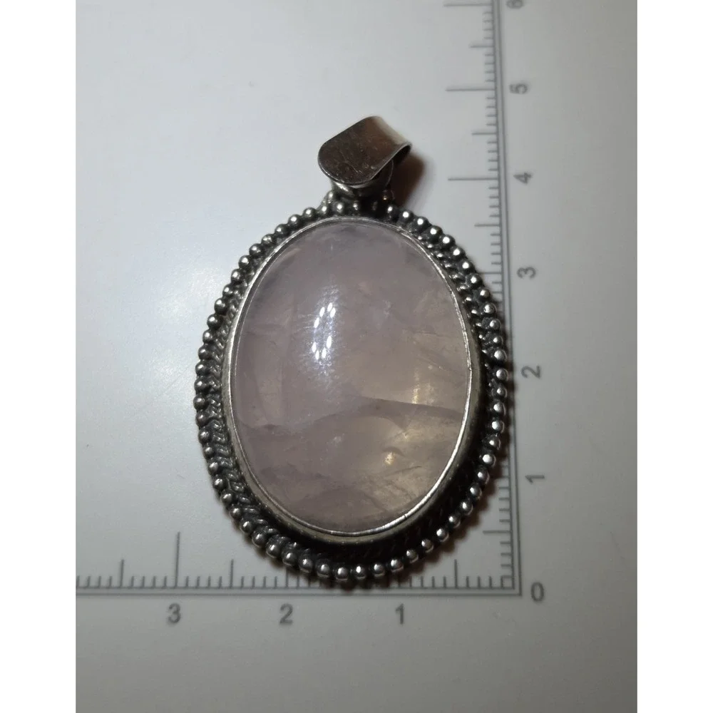 Large‎ Vintage Sterling Silver Rose Quartz Oval Statement Pendant 925